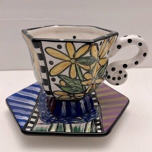 Prospero Designworks Coffee Tea Cup & Saucer Flowers & Hexagon